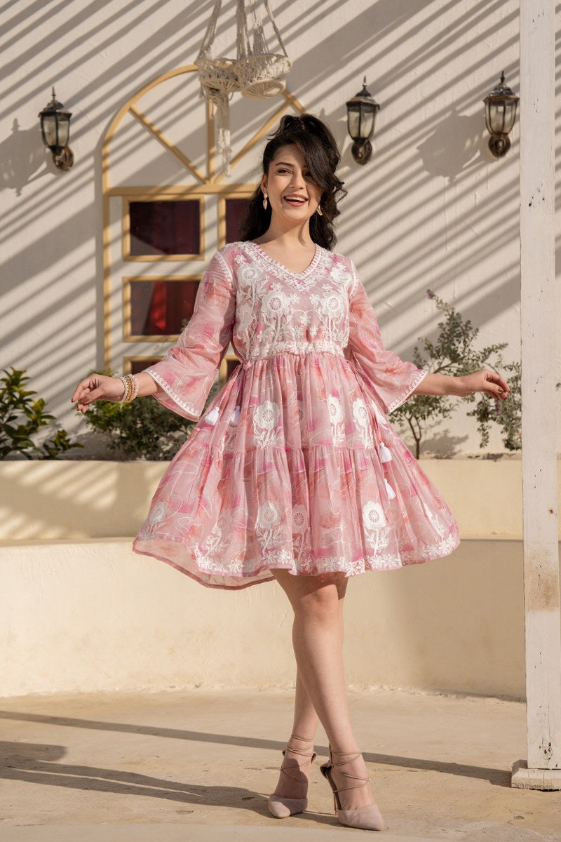 Baby Pink Floral Embroidered A-Line Short Dress