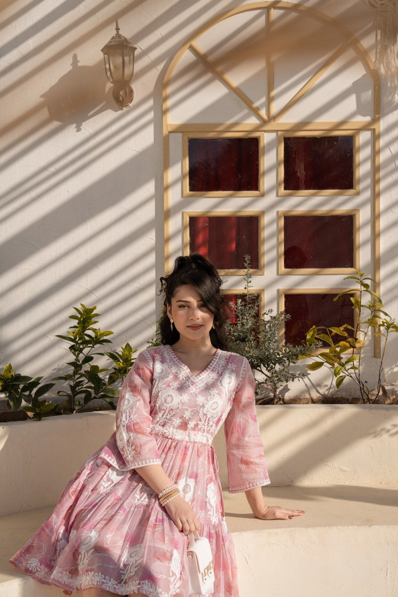 Baby Pink Floral Embroidered A-Line Short Dress