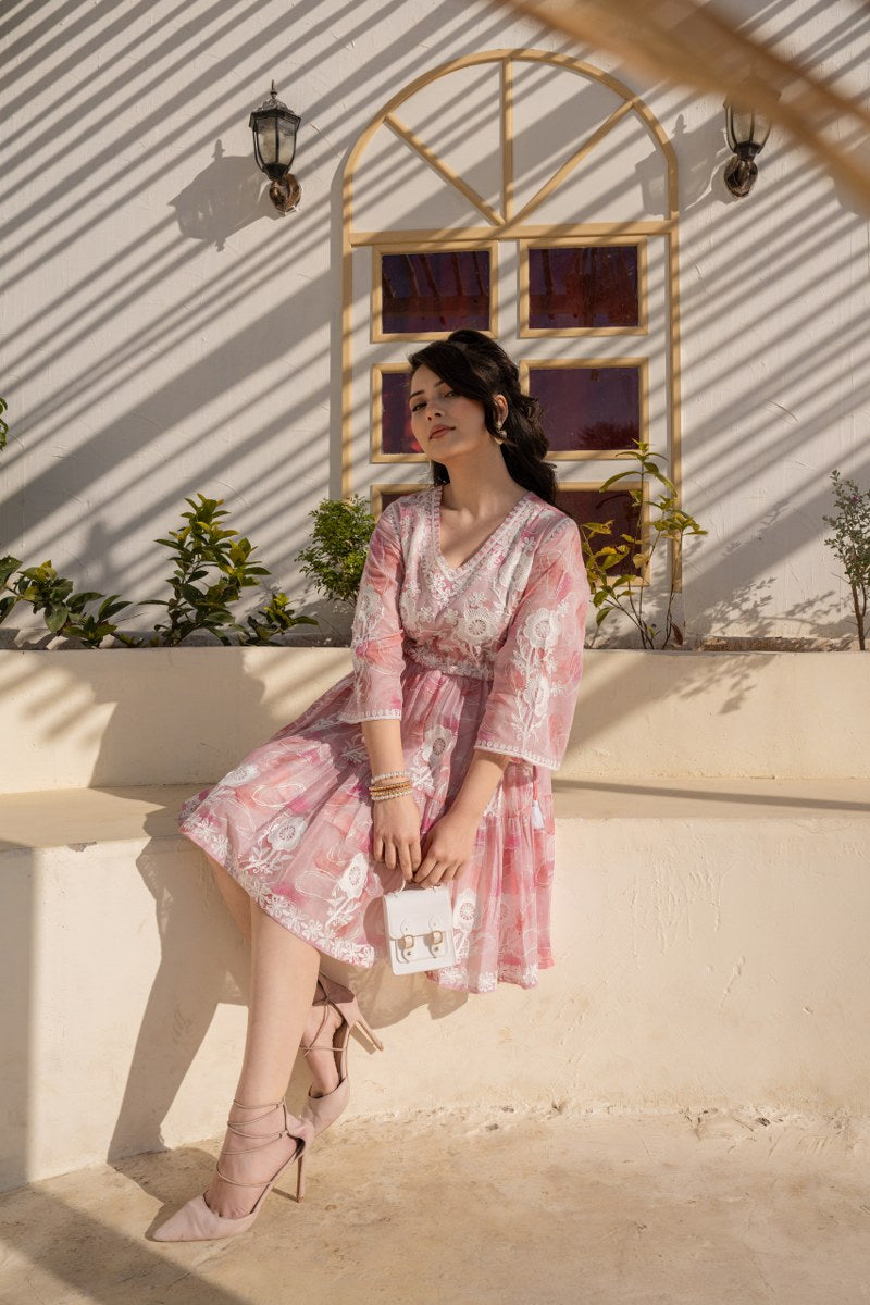 Baby Pink Floral Embroidered A-Line Short Dress