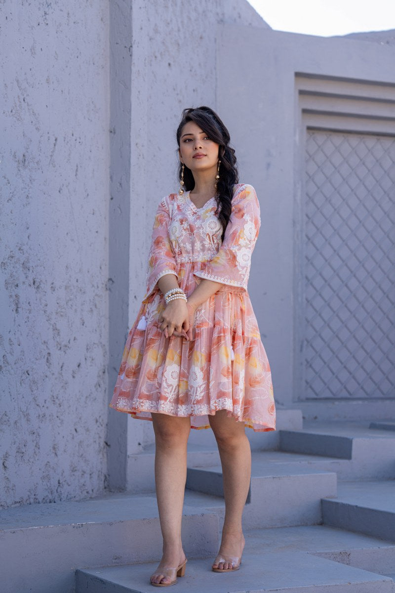 Peach Orange Floral Embroidered A-Line Short Dress
