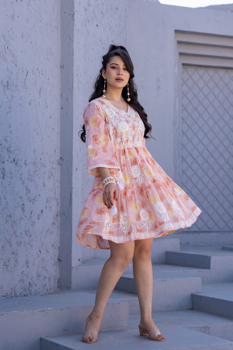 Peach Orange Floral Embroidered A-Line Short Dress