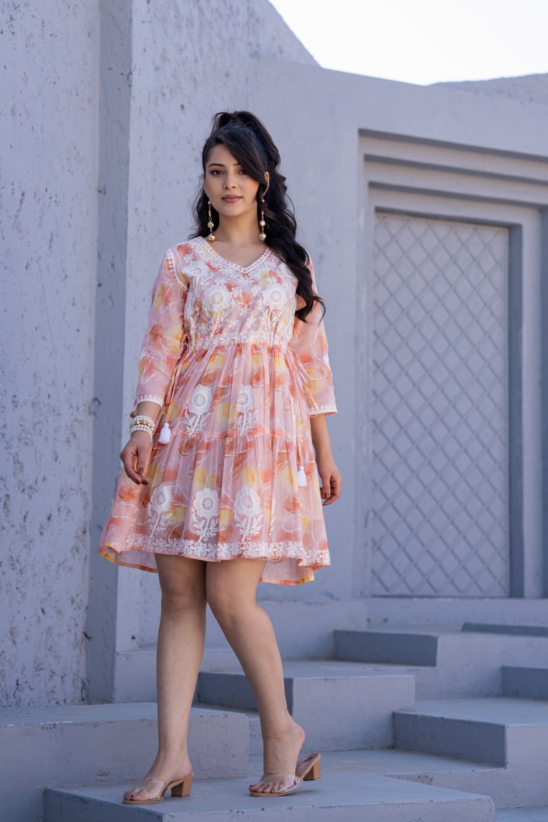 Peach Orange Floral Embroidered A-Line Short Dress