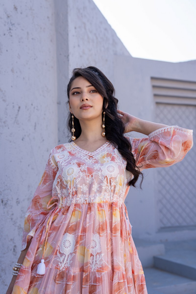 Peach Orange Floral Embroidered A-Line Short Dress