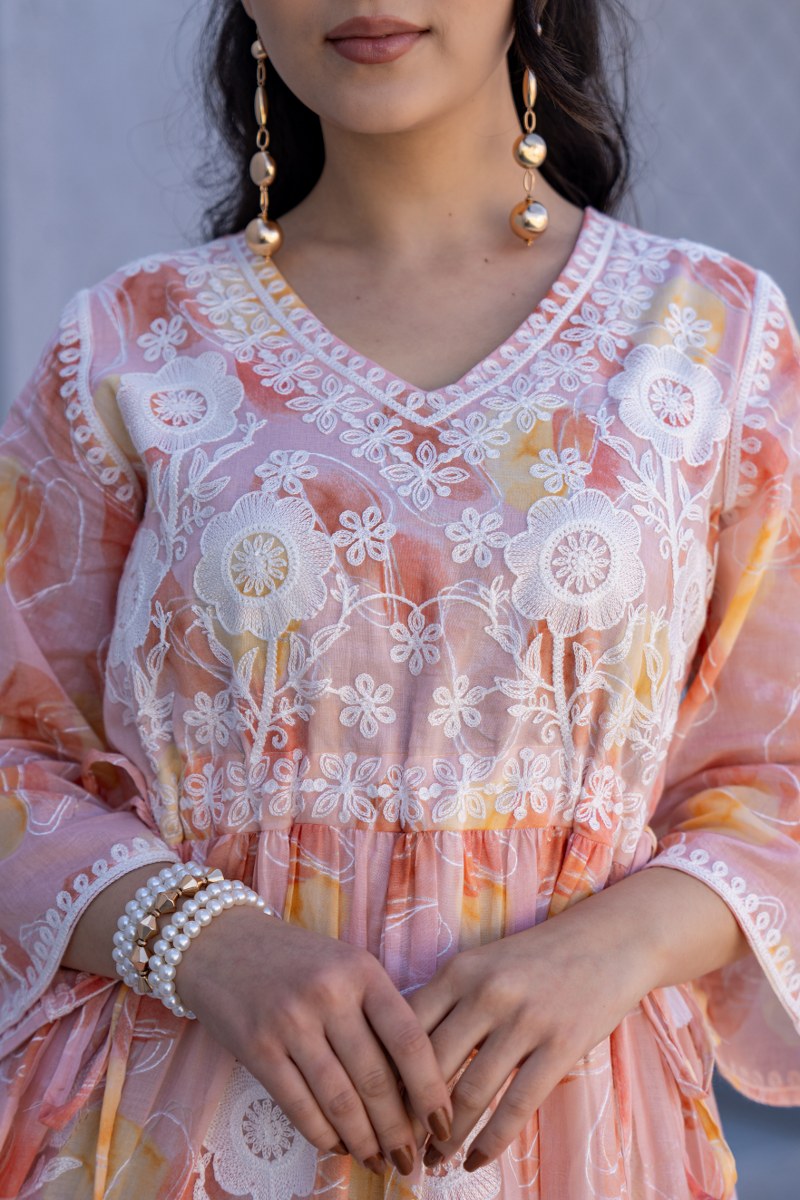 Peach Orange Floral Embroidered A-Line Short Dress
