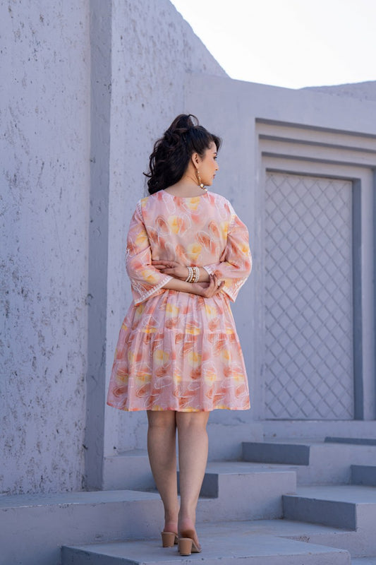 Peach Orange Floral Embroidered A-Line Short Dress