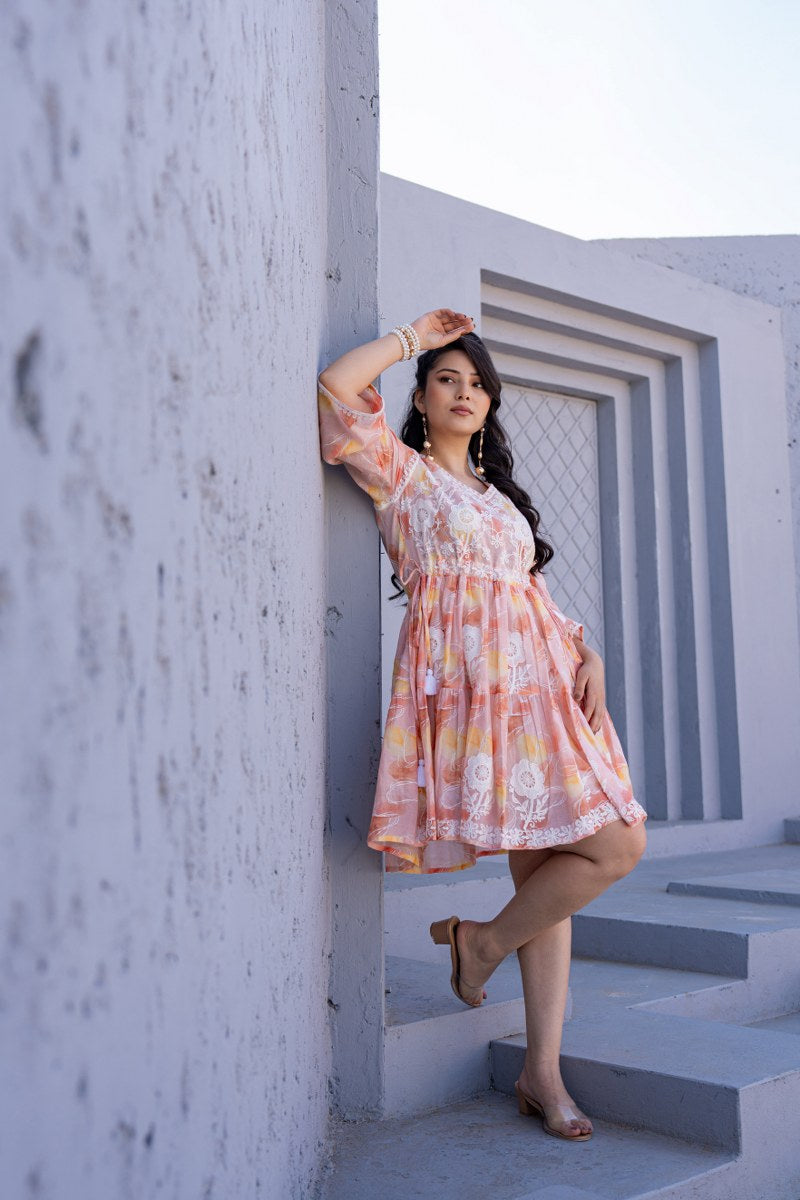 Peach Orange Floral Embroidered A-Line Short Dress
