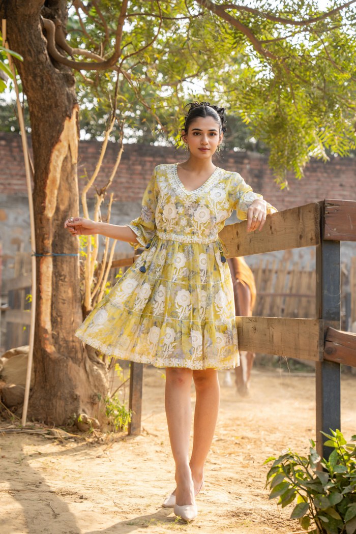Lemon Yellow Floral Embroidered A-Line Short Dress