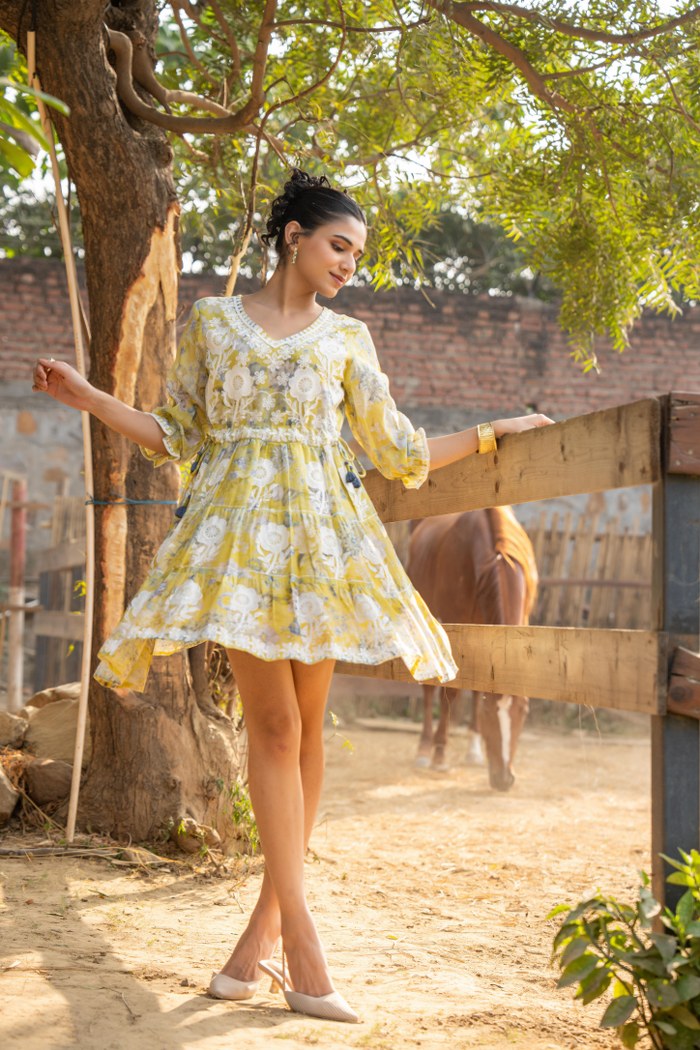 Lemon Yellow Floral Embroidered A-Line Short Dress