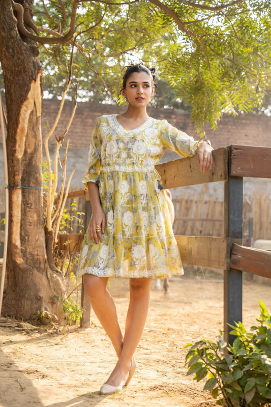Lemon Yellow Floral Embroidered A-Line Short Dress