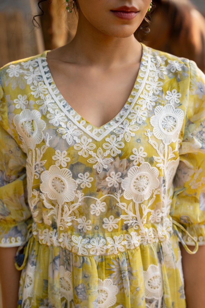 Lemon Yellow Floral Embroidered A-Line Short Dress