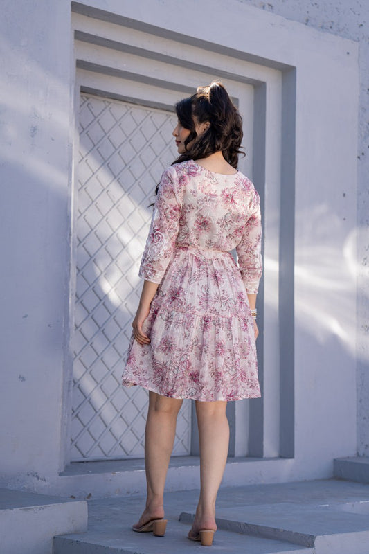 Blush Pink Floral Embroidered A-Line Short Dress