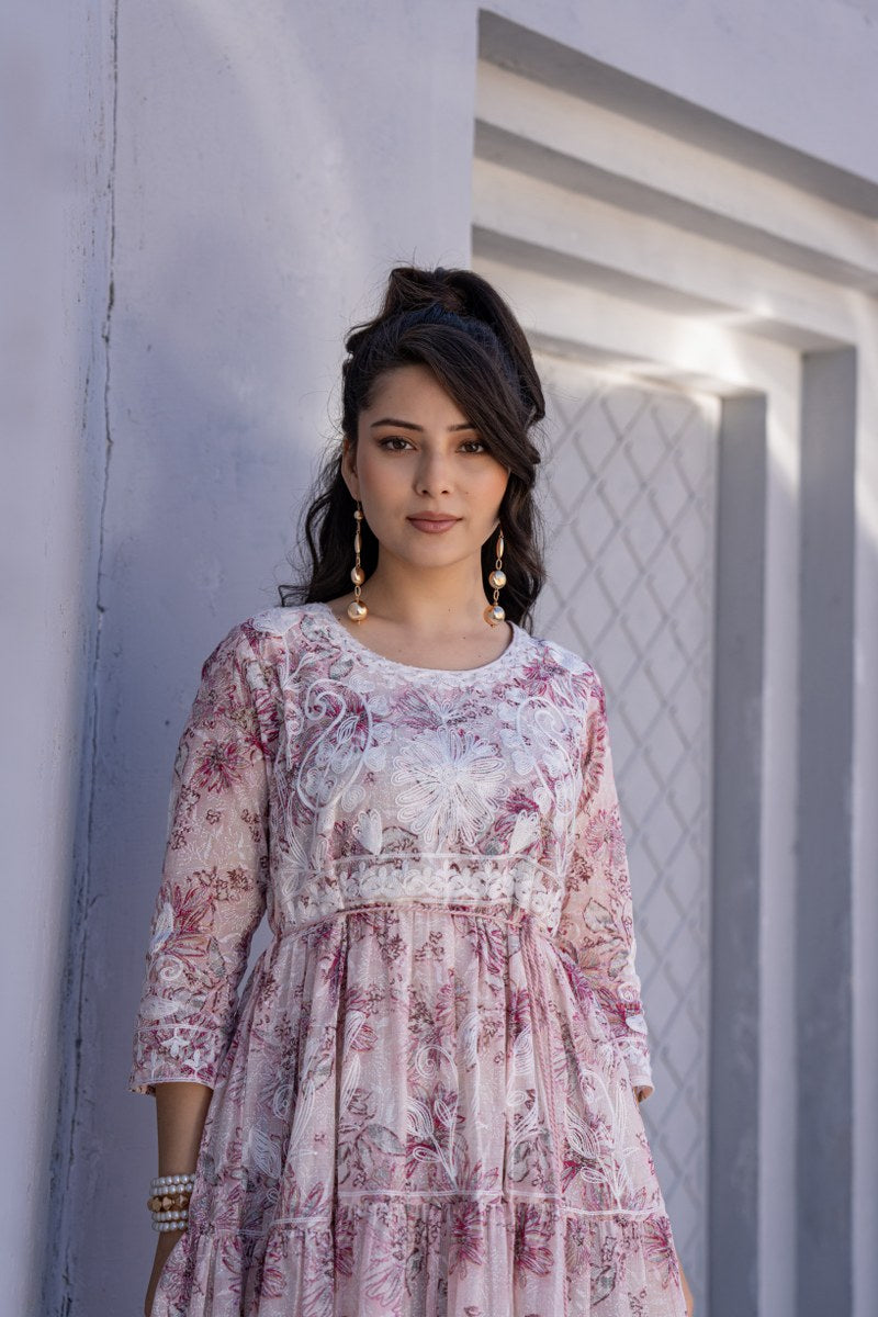 Blush Pink Floral Embroidered A-Line Short Dress