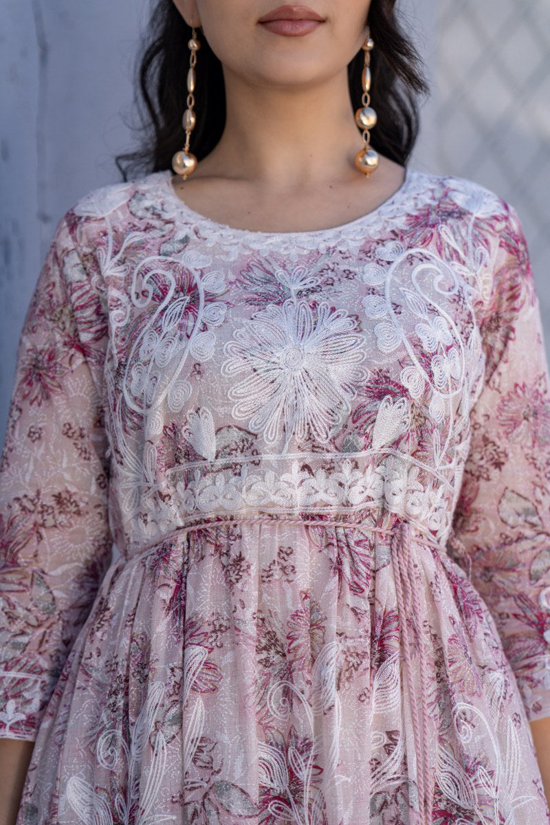 Blush Pink Floral Embroidered A-Line Short Dress