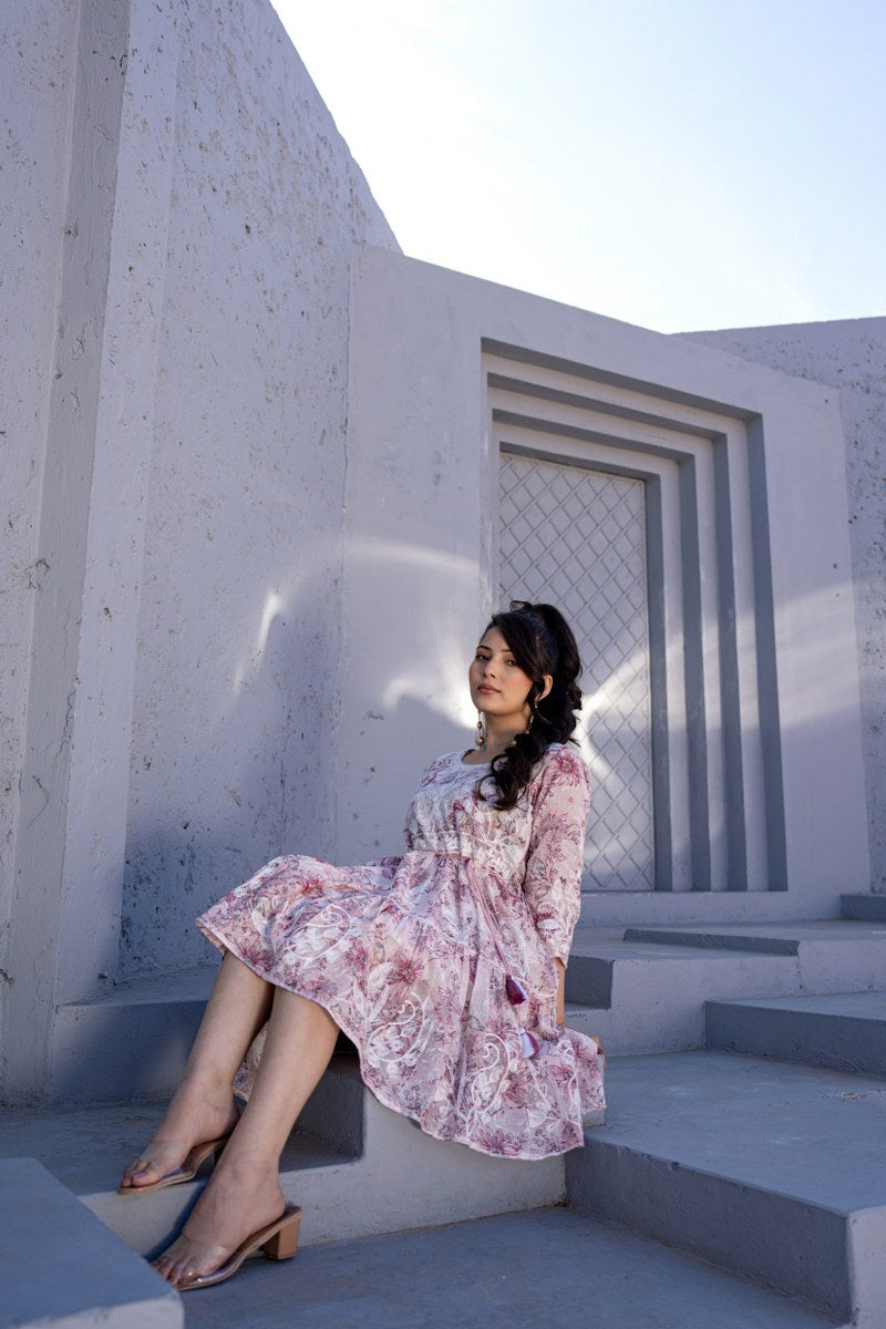 Blush Pink Floral Embroidered A-Line Short Dress