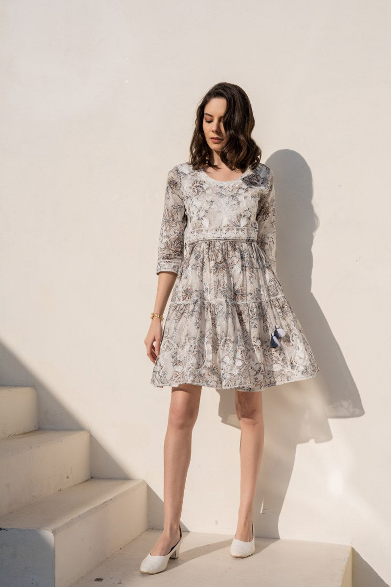 Ivory Beige Floral Embroidered A-Line Short Dress