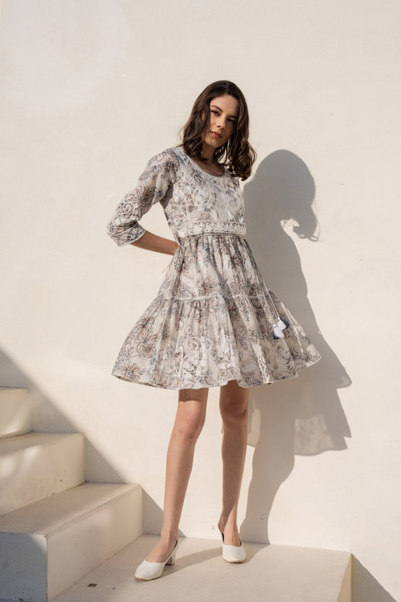 Ivory Beige Floral Embroidered A-Line Short Dress