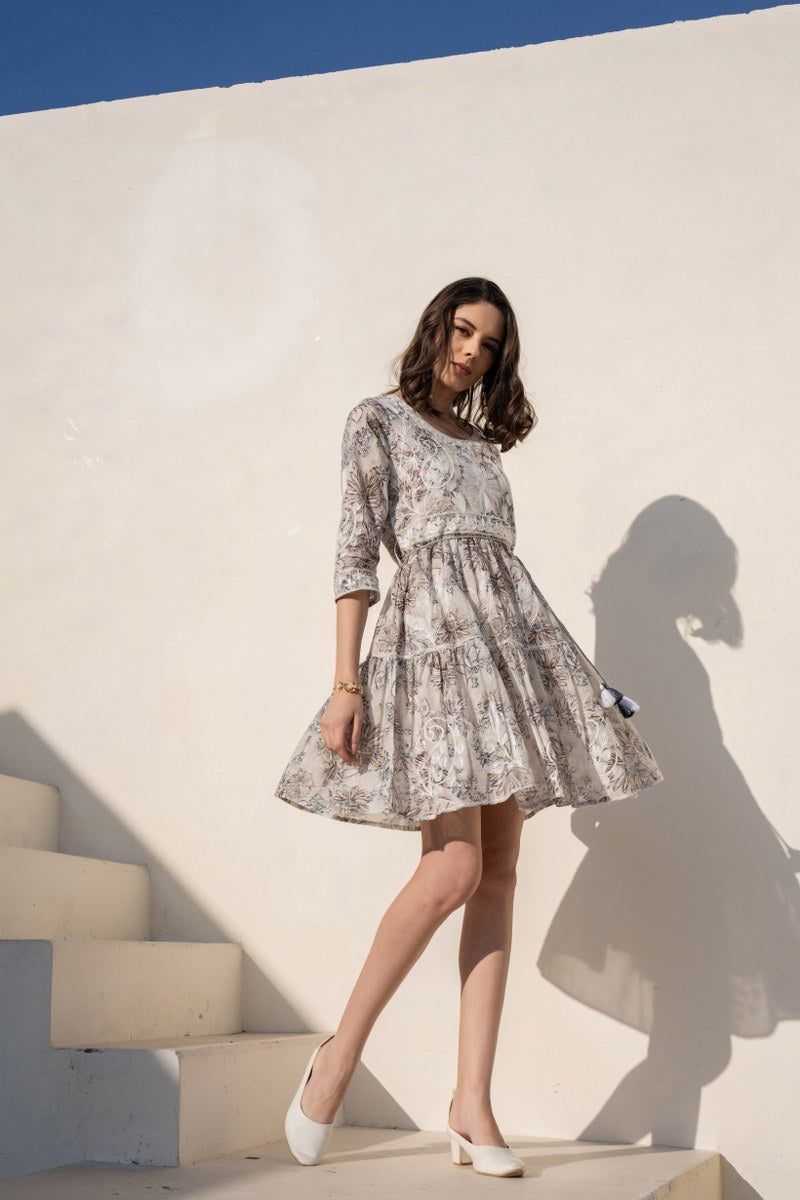 Ivory Beige Floral Embroidered A-Line Short Dress