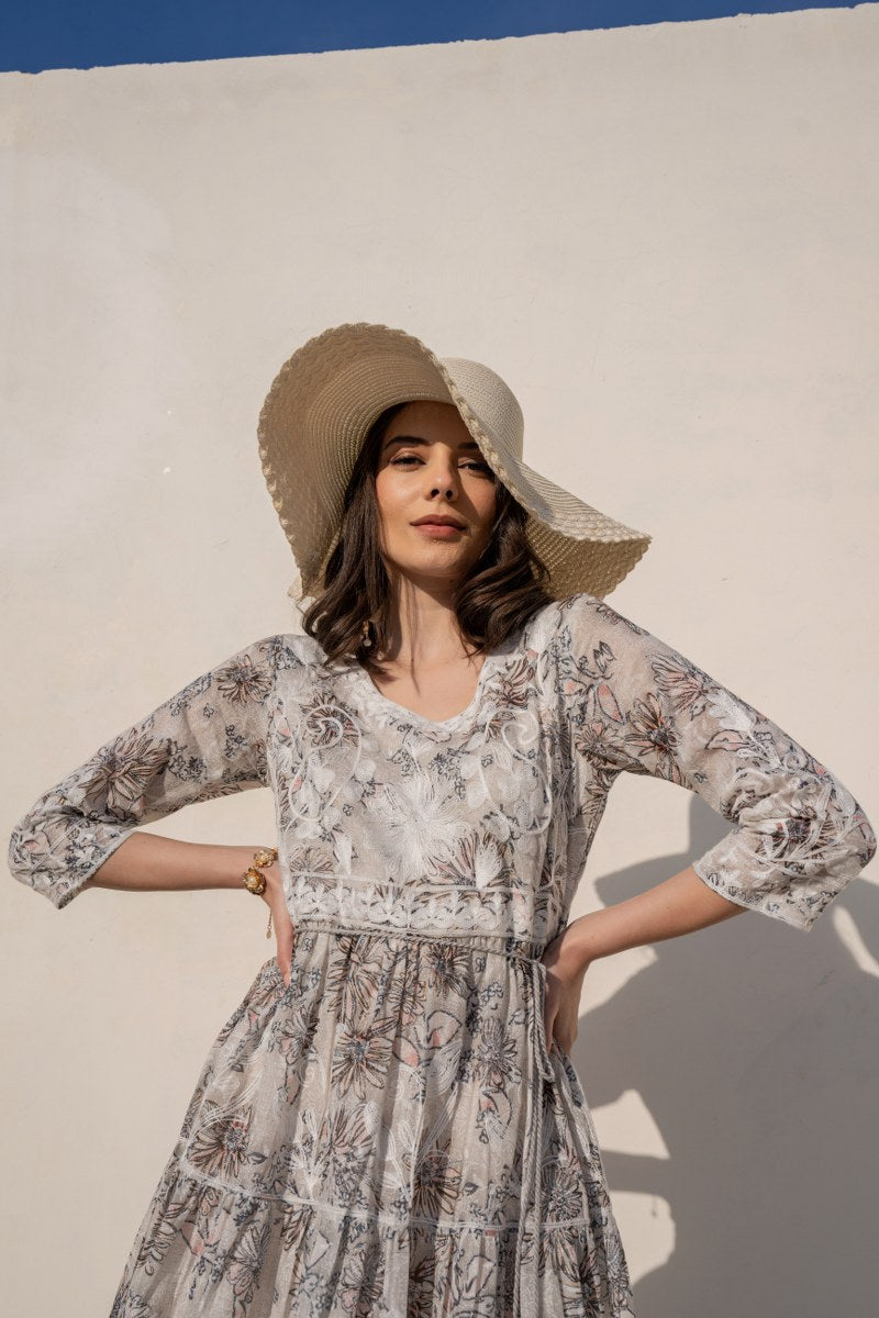 Ivory Beige Floral Embroidered A-Line Short Dress