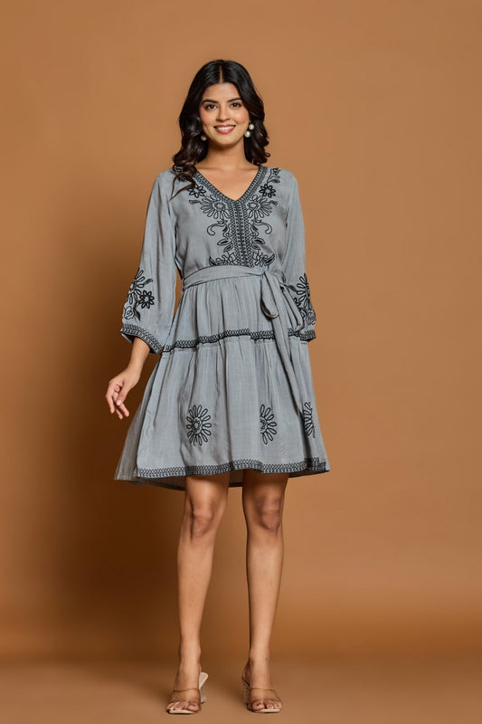 Slate Grey Embroidered A-Line Short Dress with Waist Belt