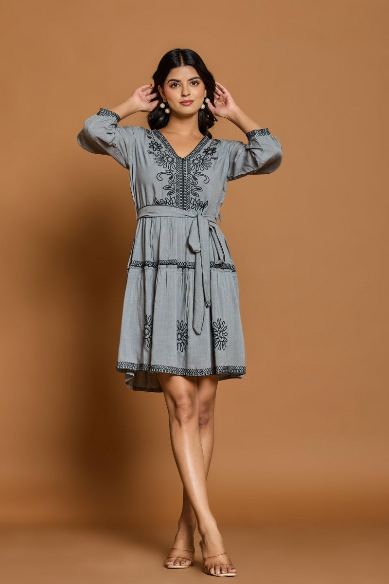 Slate Grey Embroidered A-Line Short Dress with Waist Belt