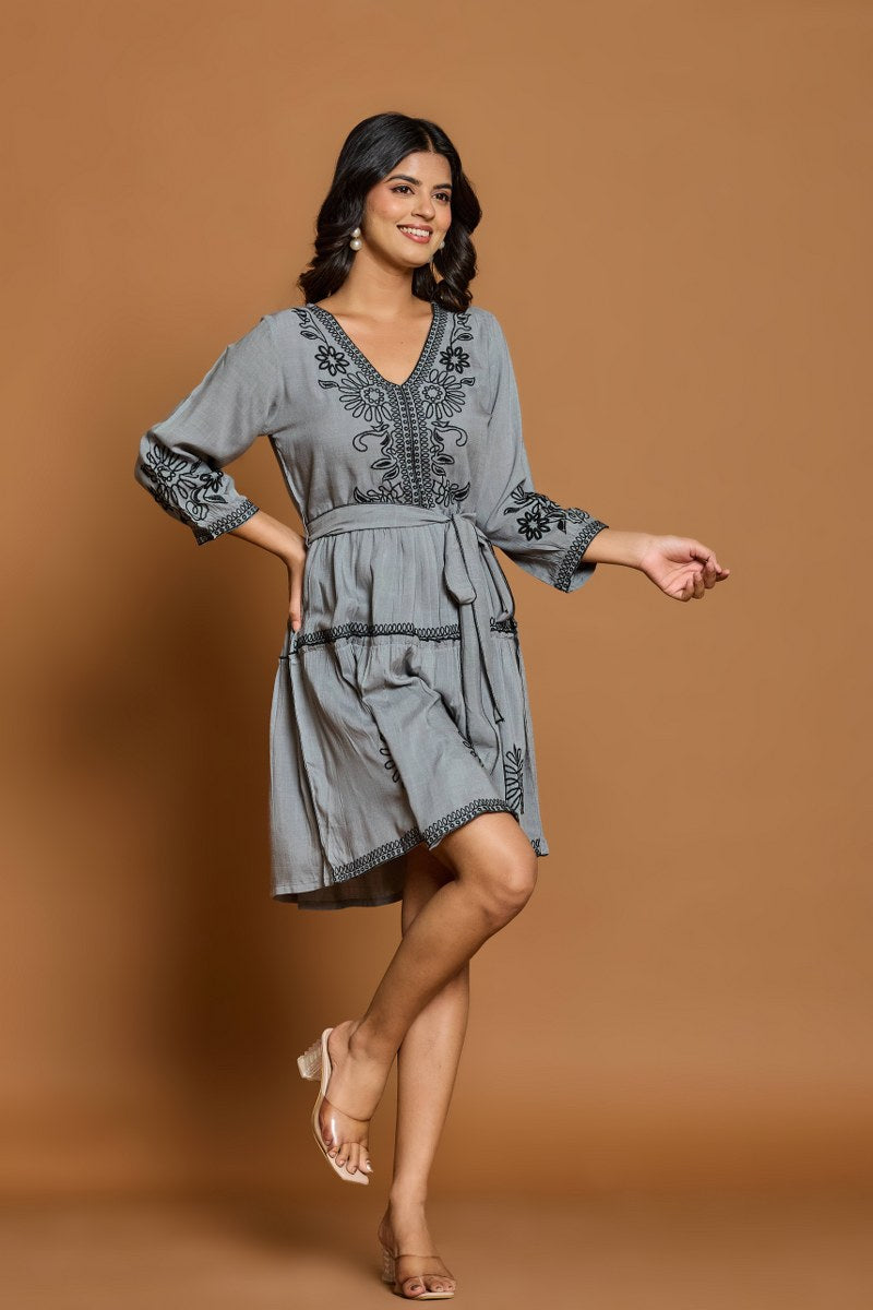 Slate Grey Embroidered A-Line Short Dress with Waist Belt