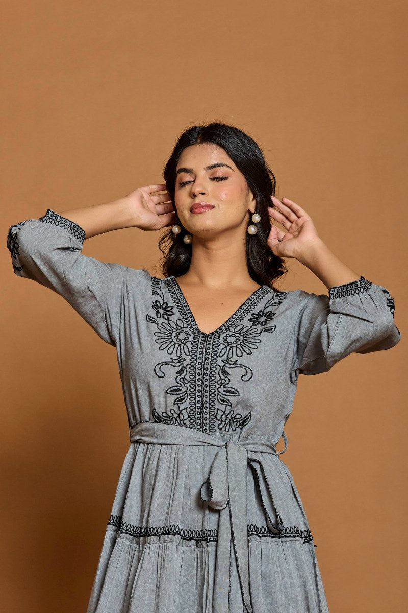 Slate Grey Embroidered A-Line Short Dress with Waist Belt