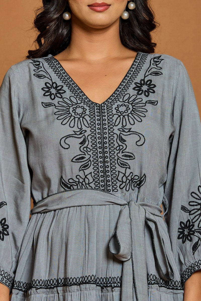 Slate Grey Embroidered A-Line Short Dress with Waist Belt