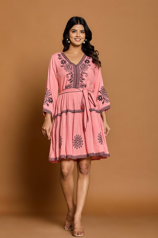 Peach Pink Embroidered A-Line Short Dress with Waist Belt
