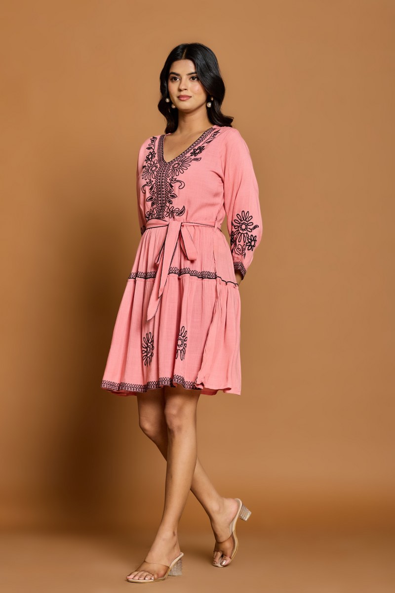 Peach Pink Embroidered A-Line Short Dress with Waist Belt