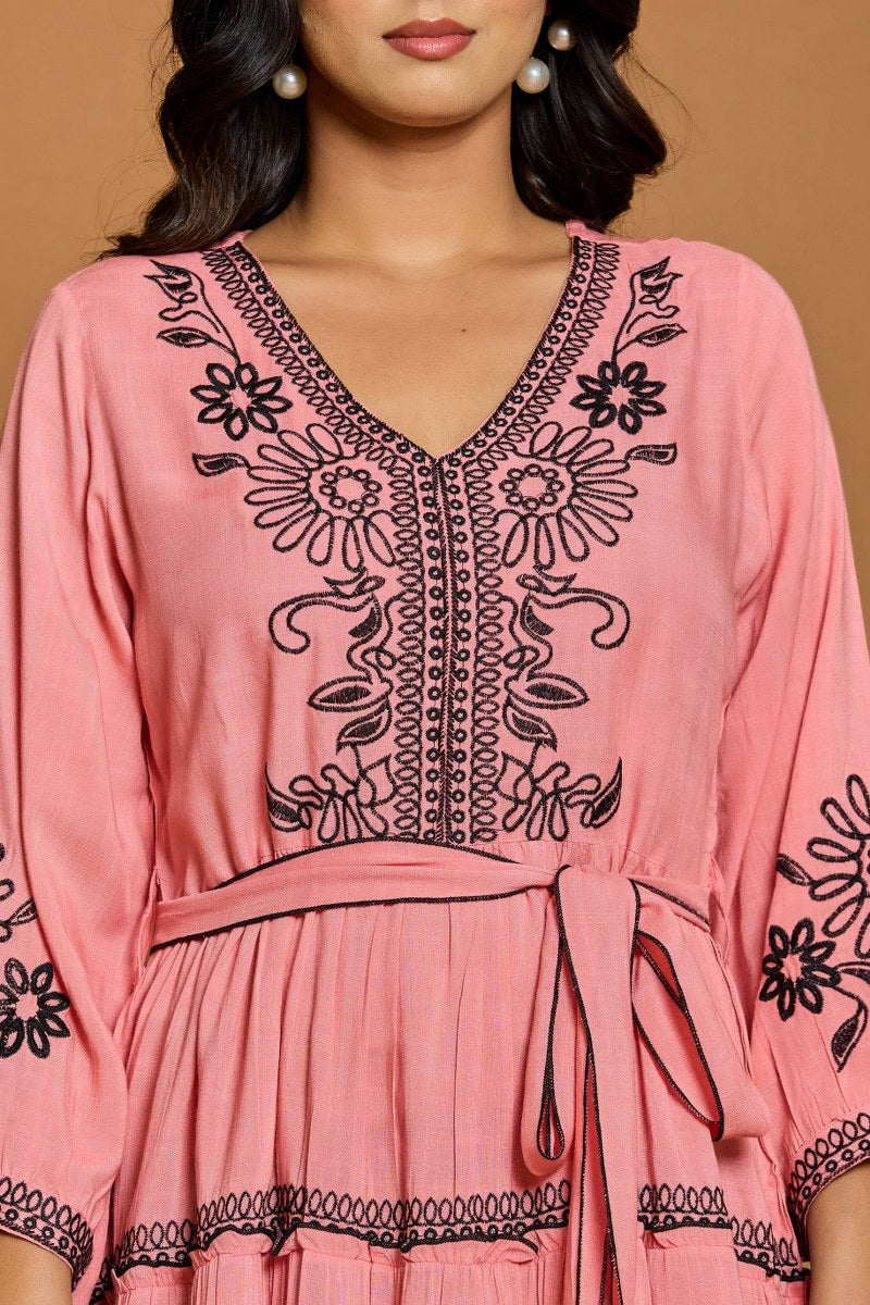 Peach Pink Embroidered A-Line Short Dress with Waist Belt