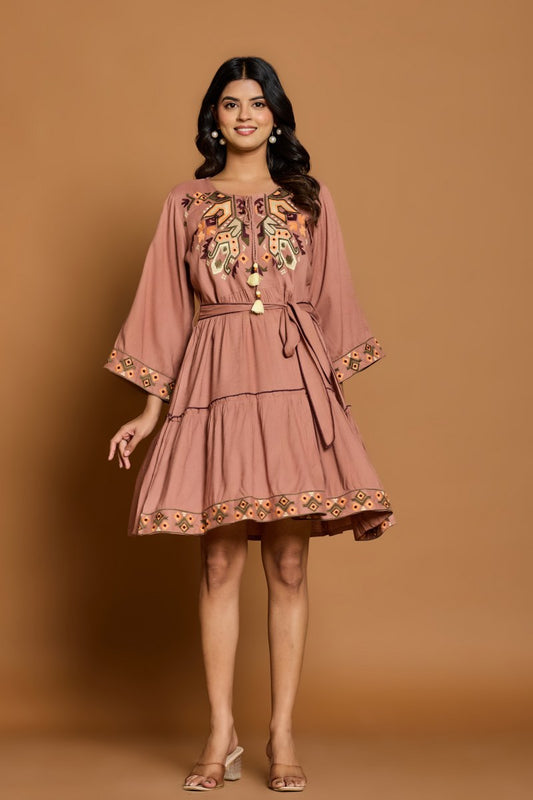 Terracotta Brown Embroidered A-Line Short Dress with Waist Belt