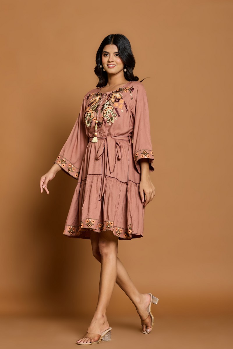 Terracotta Brown Embroidered A-Line Short Dress with Waist Belt
