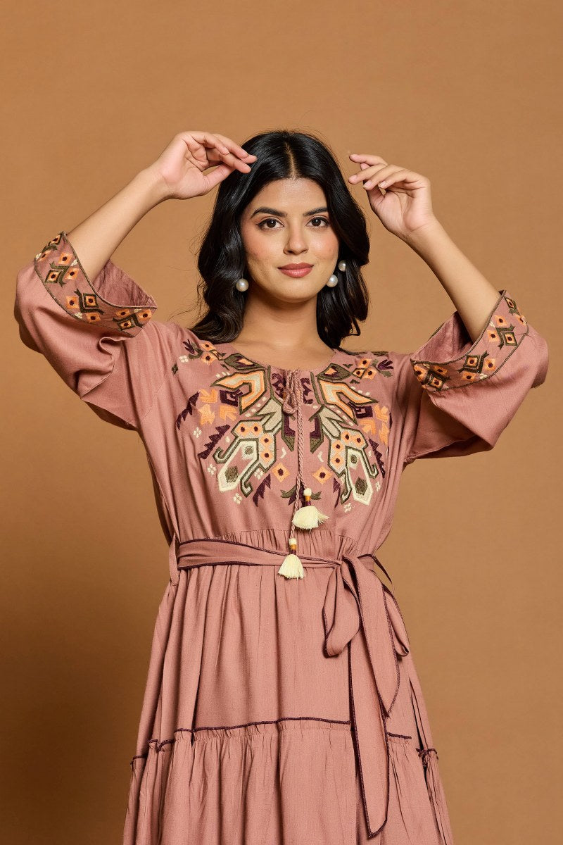 Terracotta Brown Embroidered A-Line Short Dress with Waist Belt