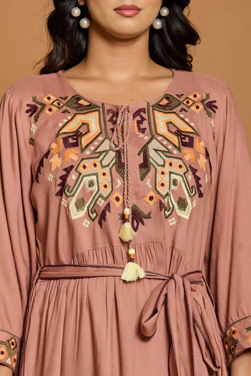 Terracotta Brown Embroidered A-Line Short Dress with Waist Belt