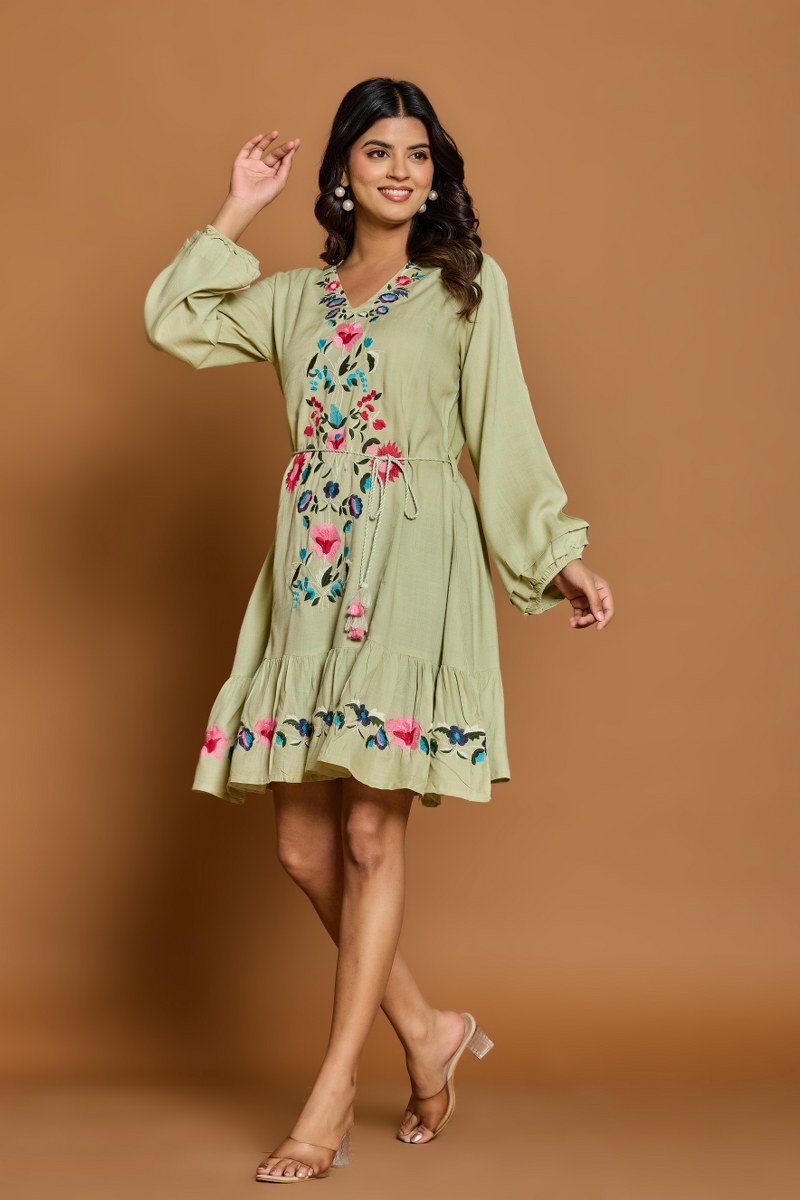 Olive Green Floral Embroidered A-Line Short Dress