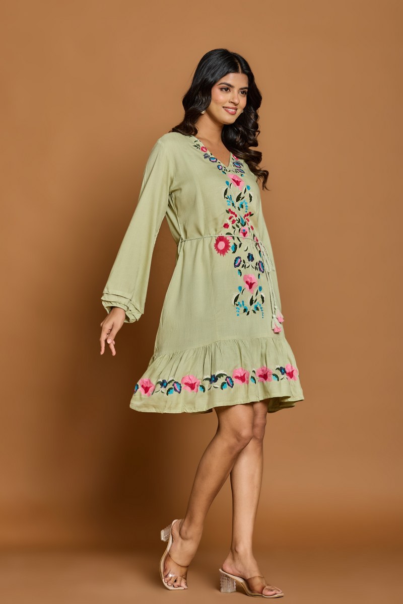 Olive Green Floral Embroidered A-Line Short Dress