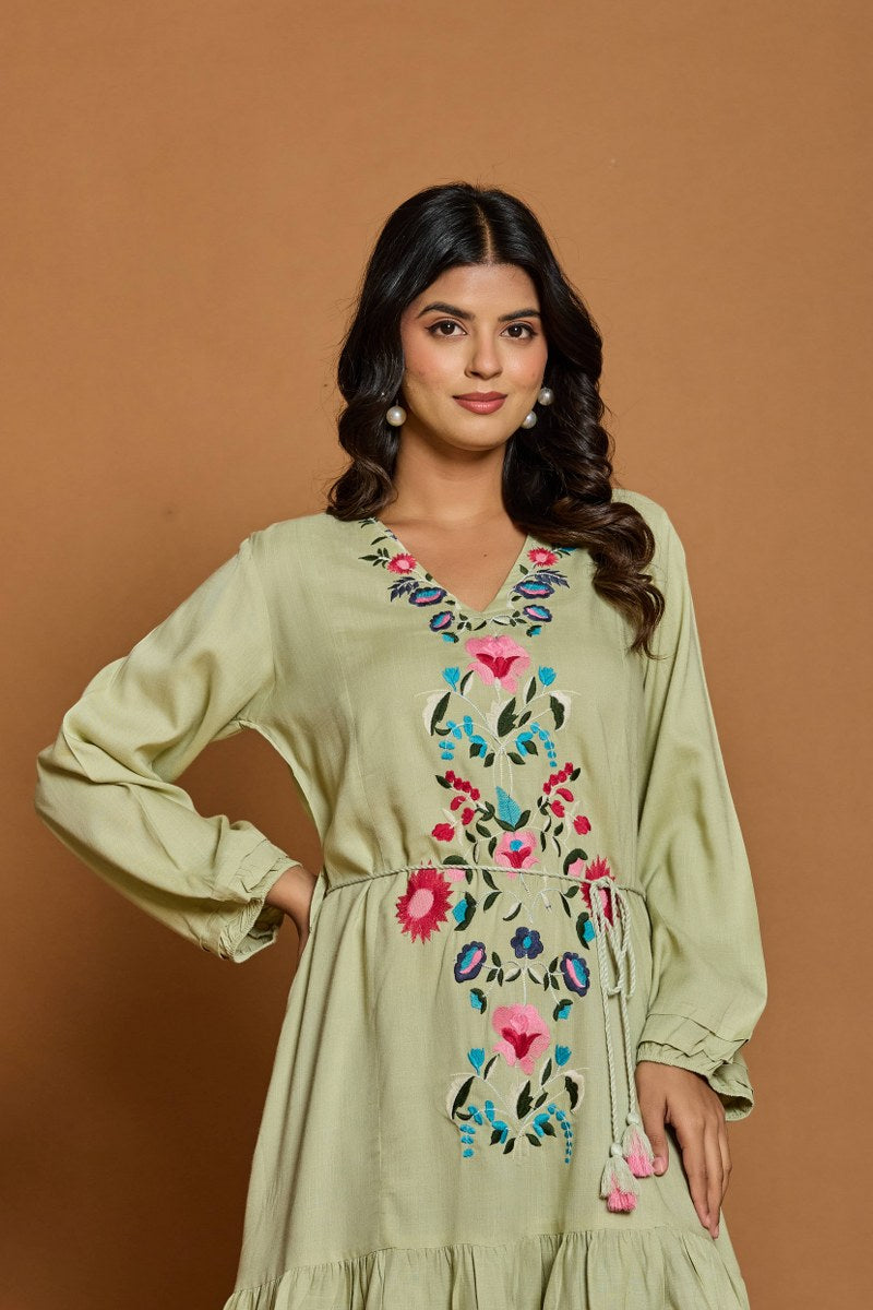 Olive Green Floral Embroidered A-Line Short Dress