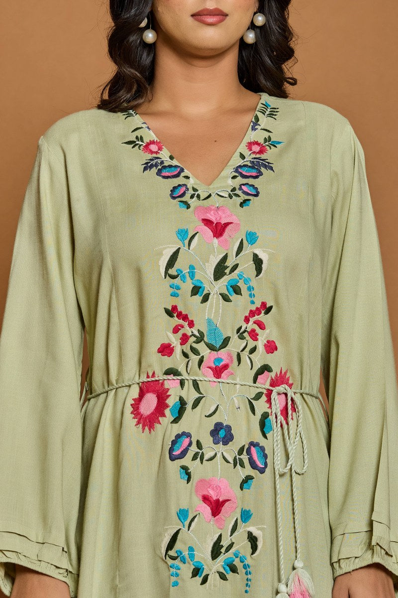Olive Green Floral Embroidered A-Line Short Dress