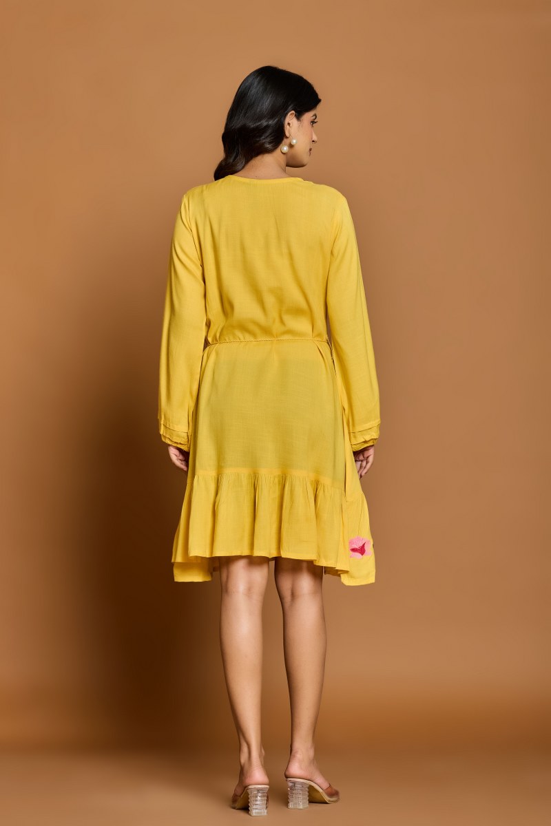 Mustard Yellow Floral Embroidered A-Line Short Dress