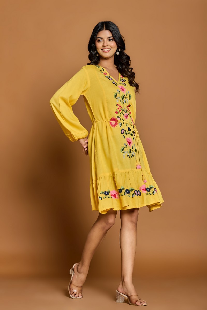 Mustard Yellow Floral Embroidered A-Line Short Dress