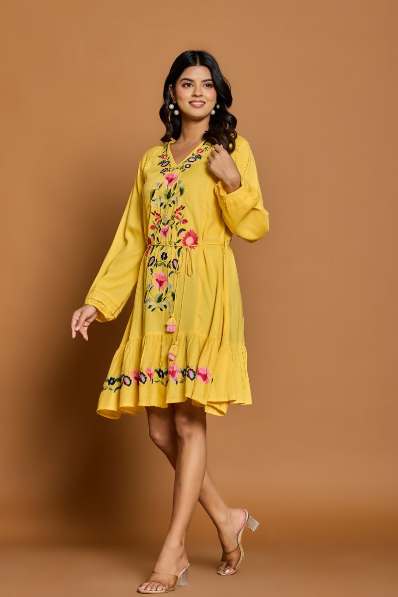 Mustard Yellow Floral Embroidered A-Line Short Dress