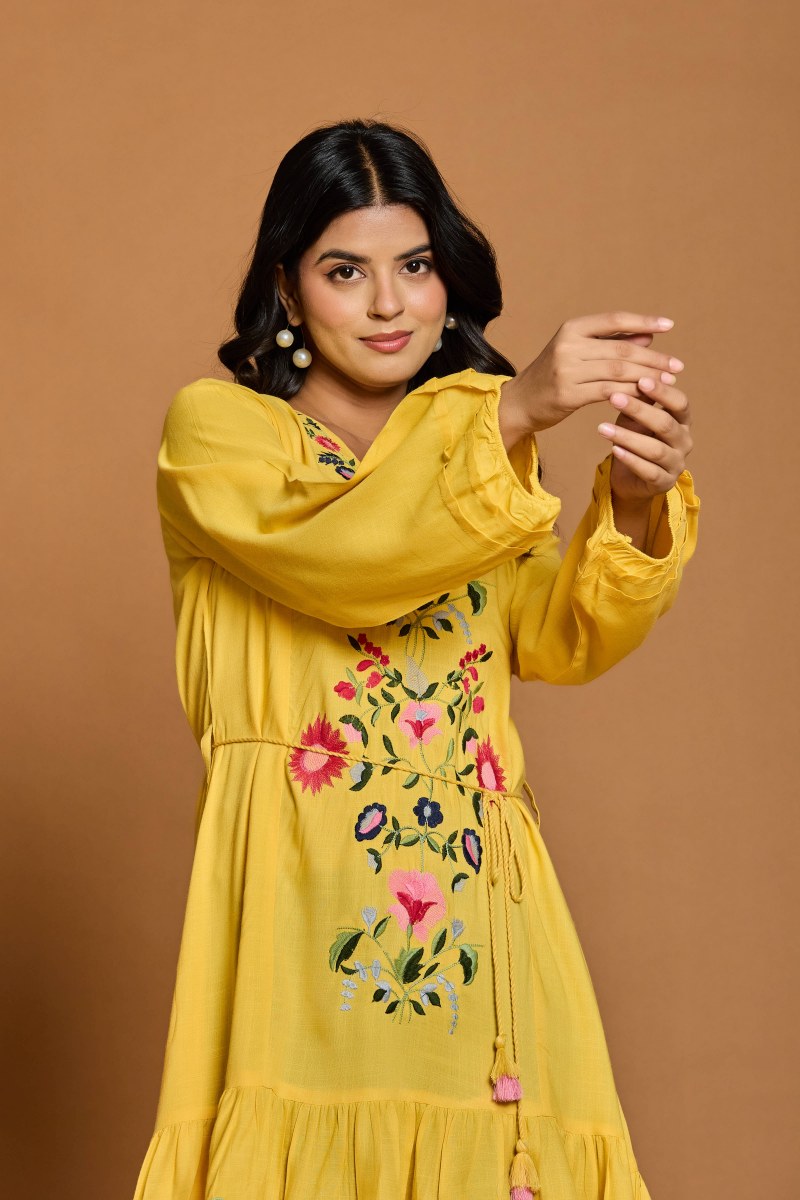 Mustard Yellow Floral Embroidered A-Line Short Dress