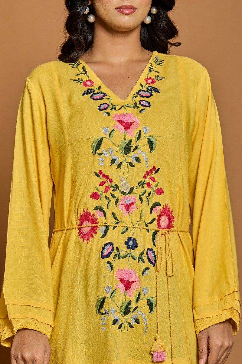 Mustard Yellow Floral Embroidered A-Line Short Dress
