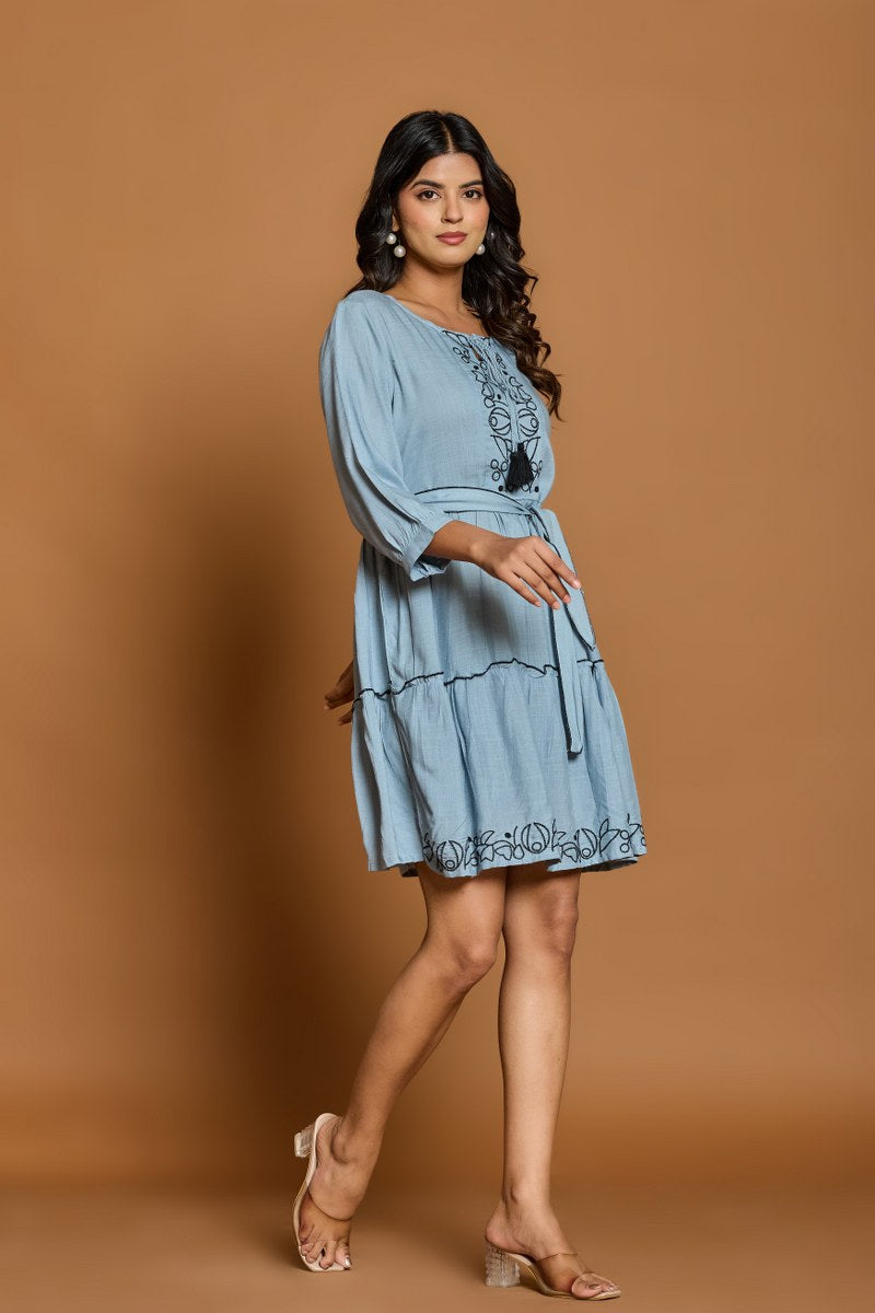 Dusty Blue Embroidered A-Line Short Dress with Waist Belt