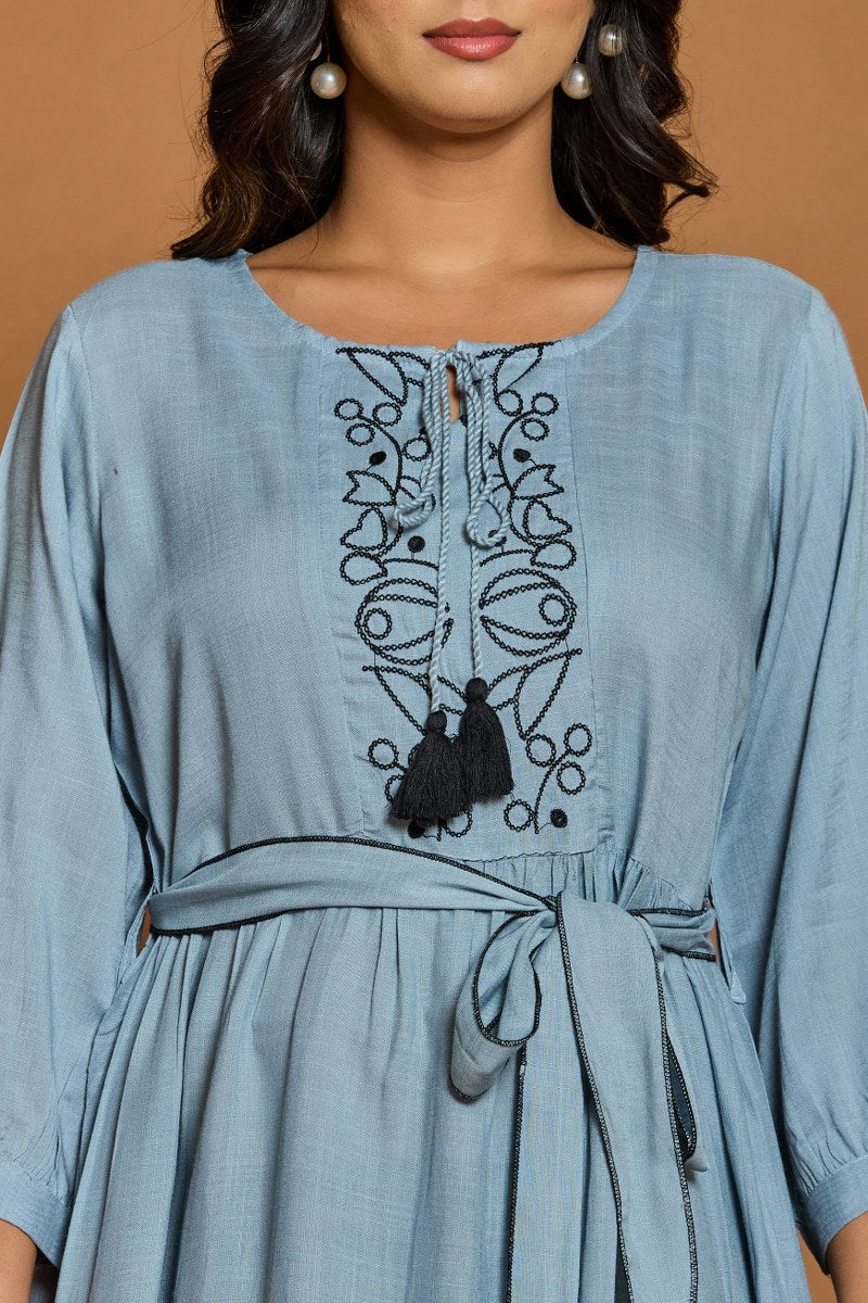 Dusty Blue Embroidered A-Line Short Dress with Waist Belt