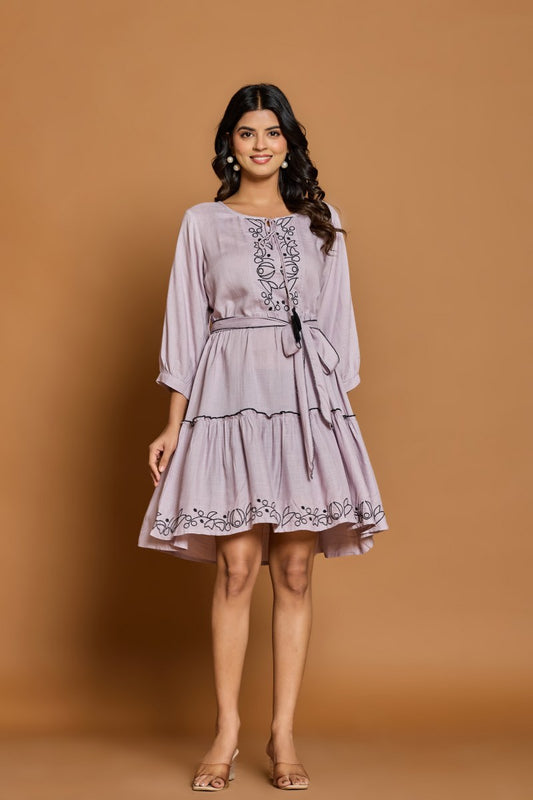 Lavender Embroidered A-Line Short Dress with Waist Belt