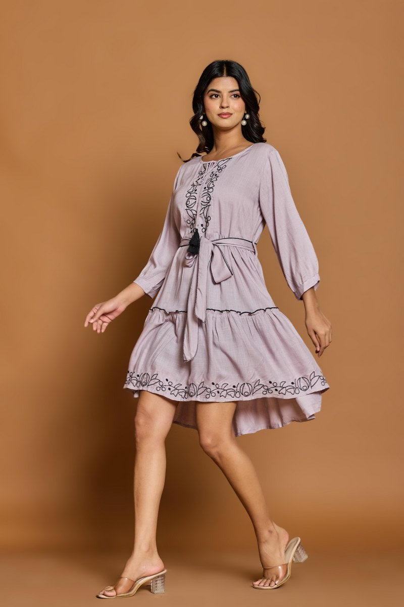 Lavender Embroidered A-Line Short Dress with Waist Belt