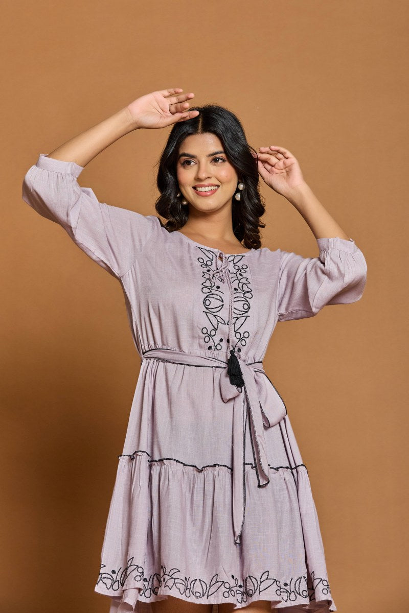 Lavender Embroidered A-Line Short Dress with Waist Belt
