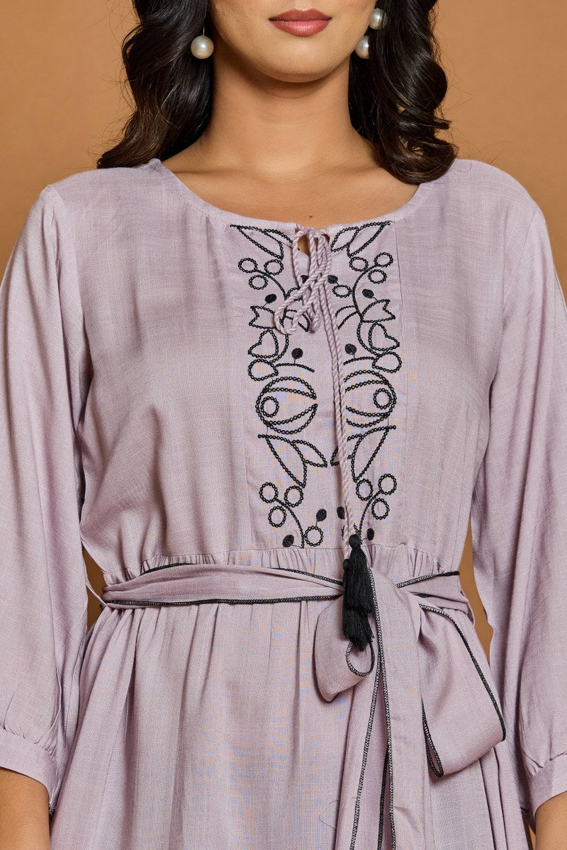 Lavender Embroidered A-Line Short Dress with Waist Belt