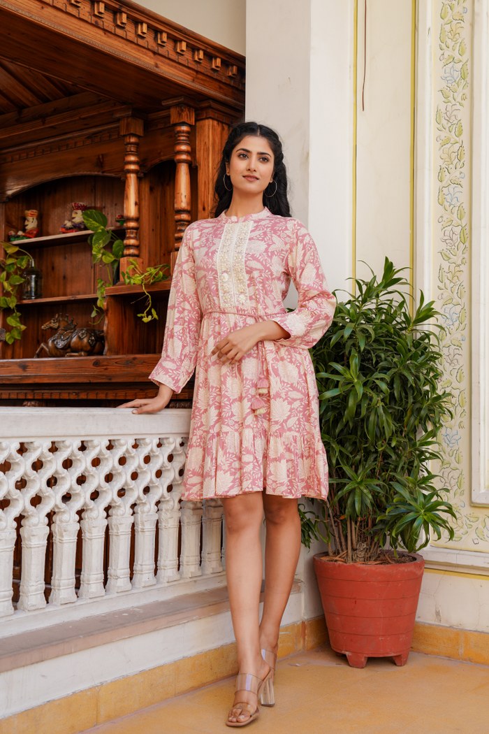 Blush Pink Floral A-Line Short Dress with Lace Placket